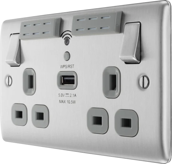 BG NBS22UWRG 13A Brushed Steel Double Socket with WiFi Range Extender & USB (Grey Insert)