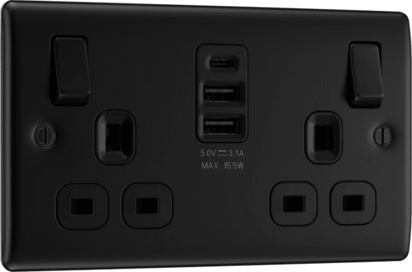 BG NFB22UAAC15B Double Switched Single pole Socket, with 2 x USB A and 1 x USB C (15W)