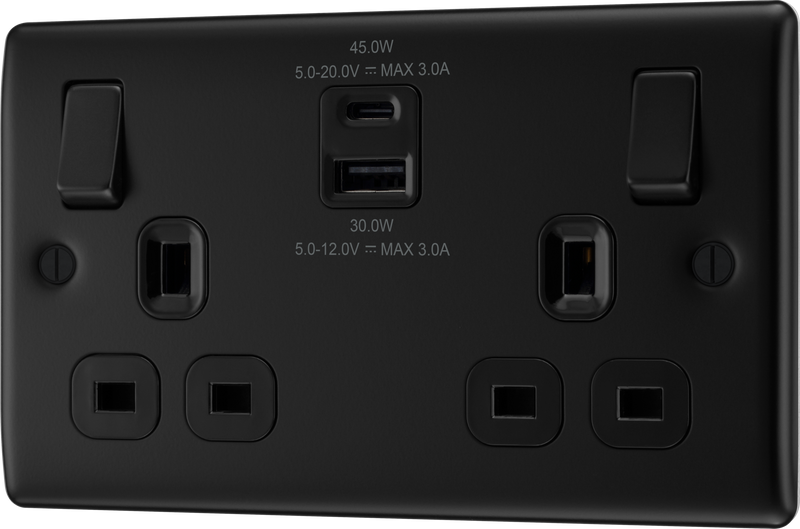 BG NFB22UAC45B Double Switched Single Pole Socket, with USB A + C (45W)