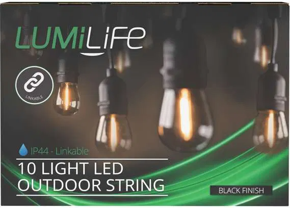 LUMiLiFe S17286 10 Light LED Outdoor String Filament Fitting (Bulbs Included) in Black