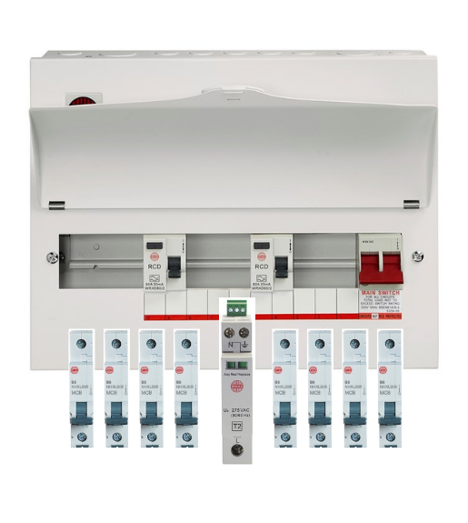 Wylex WNM1772/1 9 Way High Integrity, Dual RCD Consumer Unit with SPD, Supplied w/ 8 MCBs