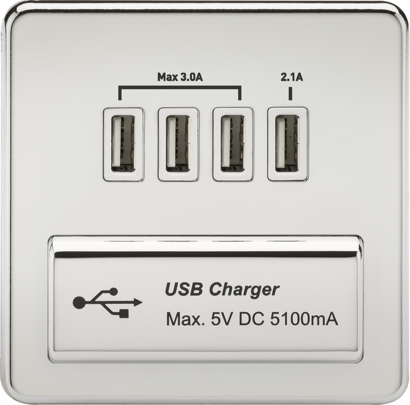 Knightsbridge MLA SFQUADPCW Screwless Quad USB Charger Outlet (5.1A) - Polished Chrome with White Insert