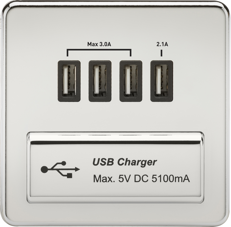 Knightsbridge MLA SFQUADPC Screwless Quad USB Charger Outlet (5.1A) - Polished Chrome with Black Insert