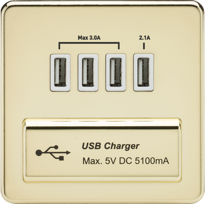 Knightsbridge MLA SFQUADPBW Screwless Quad USB Charger Outlet (5.1A) - Polished Brass with White Insert