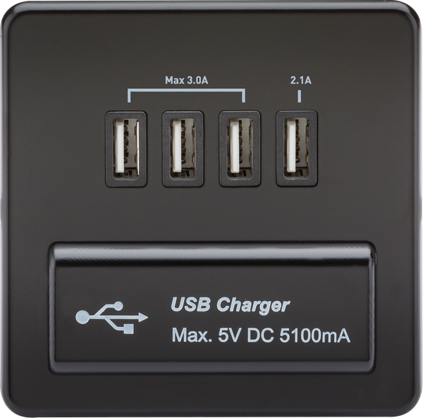 Knightsbridge MLA SFQUADMB Screwless Quad USB Charger Outlet (5.1A) - Matt Black with Black Insert