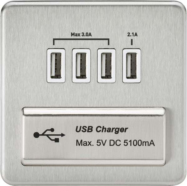 Knightsbridge MLA SFQUADBCW Screwless Quad USB Charger Outlet (5.1A) - Brushed Chrome with White Insert