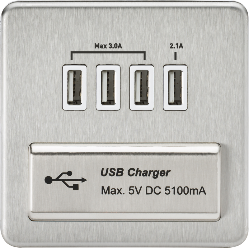 Knightsbridge MLA SFQUADBCW Screwless Quad USB Charger Outlet (5.1A) - Brushed Chrome with White Insert