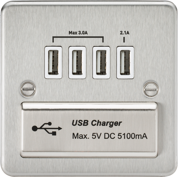 Knightsbridge MLA FPQUADBCW Flat Plate Quad USB charger outlet - Brushed chrome with white insert