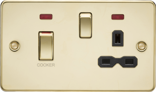 Knightsbridge MLA FPR83MNPB 45A DP Switch and 13A switched socket with neons - polished brass with black insert