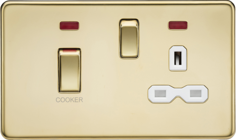 Knightsbridge MLA SFR83MNPBW 45A DP switch and 13A switched socket with neons - polished brass with white insert