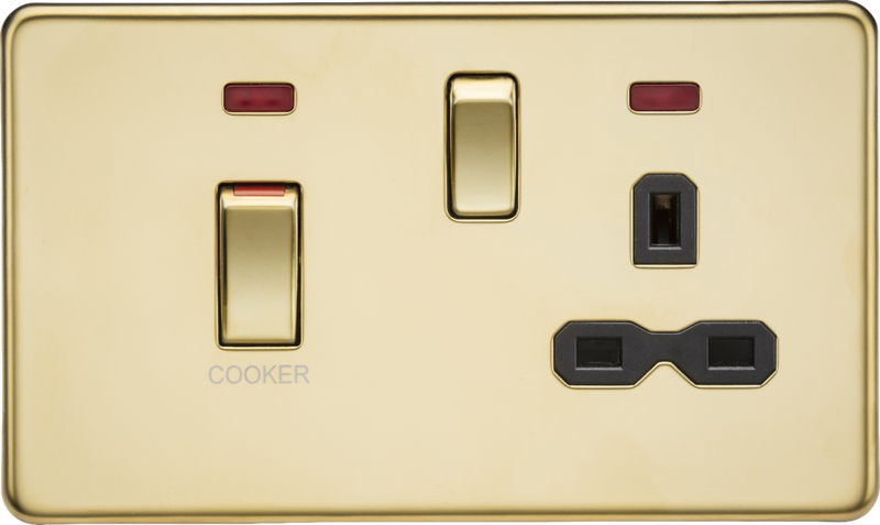 Knightsbridge MLA SFR83MNPB 45A DP switch and 13A switched socket with neons - polished brass with black insert