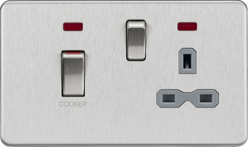 Knightsbridge MLA SFR83MNBCG 45A DP switch and 13A switched socket with neons - brushed chrome with grey insert