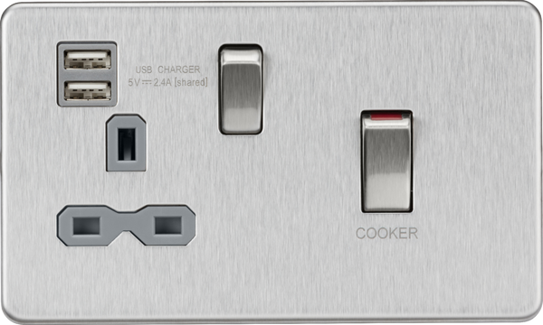 Knightsbridge MLA SFR83UMBCG 45A DP Switch and 13A switched socket with dual USB charger - brushed chrome with grey insert