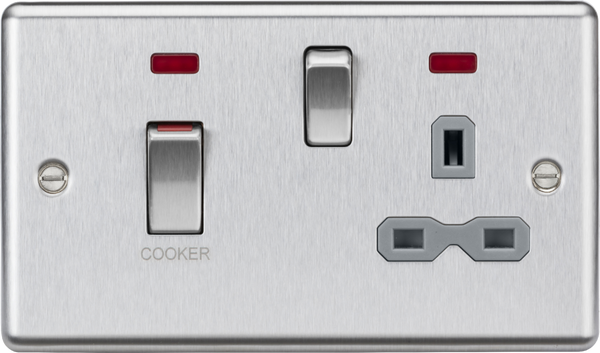 Knightsbridge MLA CL83MNBCG 45A DP switch and 13A switched socket with neons - brushed chrome with grey insert