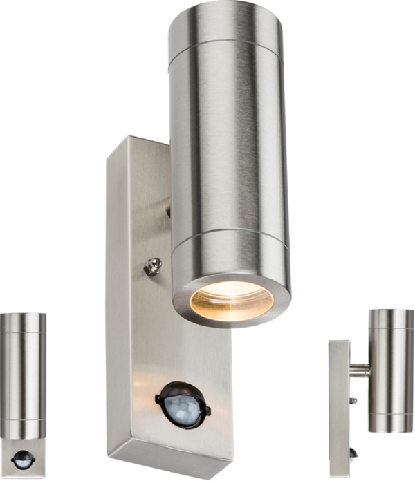 Knightsbridge MLA WALL4LSS 230V IP44 2 X GU10 Stainless Steel Up/Down Wall Light with Pir