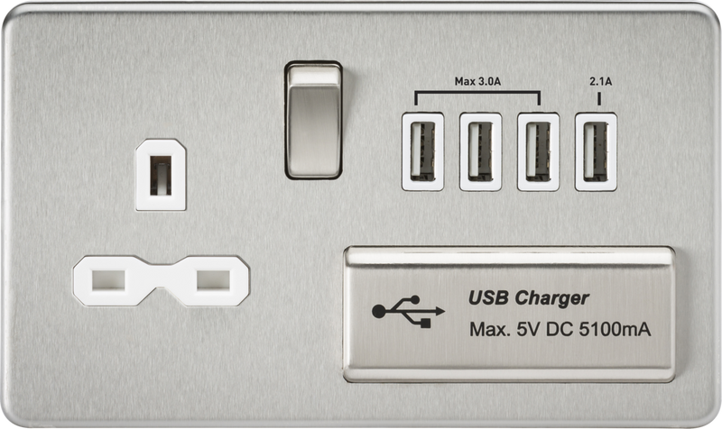 Knightsbridge MLA SFR7USB4BCW Screwless 13A switched socket with quad USB charger (5.1A) - brushed chrome with white insert