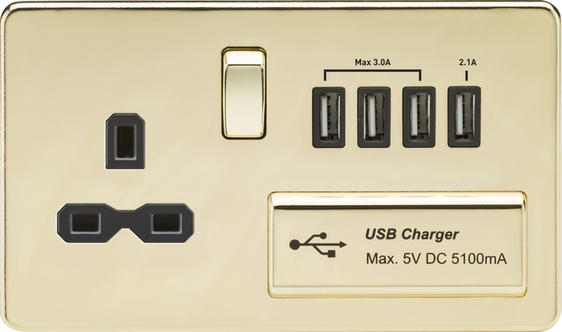 Knightsbridge MLA SFR7USB4PB Screwless 13A switched socket with quad USB charger (5.1A) - polished brass with black insert