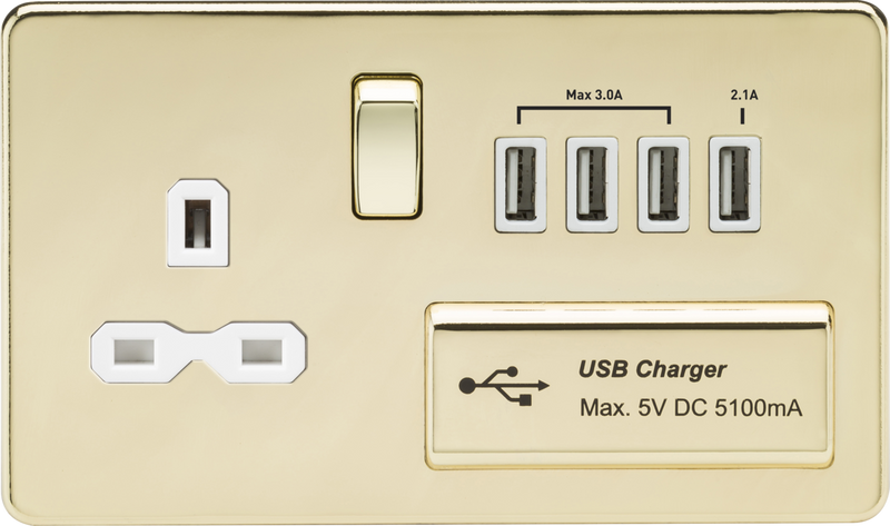 Knightsbridge MLA SFR7USB4PBW Screwless 13A switched socket with quad USB charger (5.1A) - polished brass with white insert