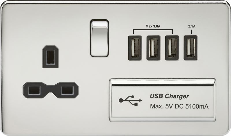 Knightsbridge MLA SFR7USB4PC Screwless 13A switched socket with quad USB charger (5.1A) - polished chrome with black insert