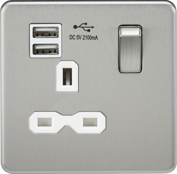 Knightsbridge MLA SFR9901BCW Screwless 13A 1G switched socket with dual USB charger (2.1A) - brushed chrome with white insert