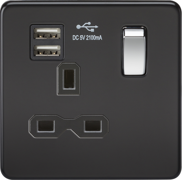 Knightsbridge MLA SFR9901MB Screwless 13A 1G switched socket with dual USB charger (2.1A) - matt black with chrome rocker