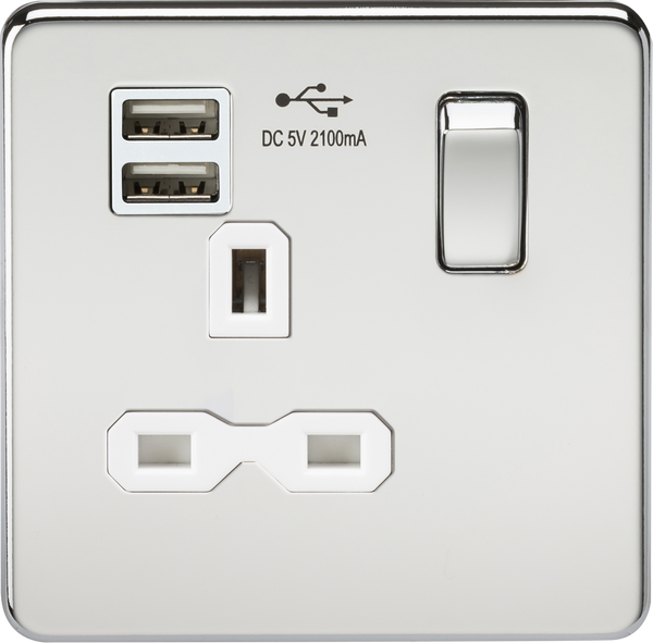 Knightsbridge MLA SFR9901PCW Screwless 13A 1G switched socket with dual USB charger (2.1A) - polished chrome with white insert