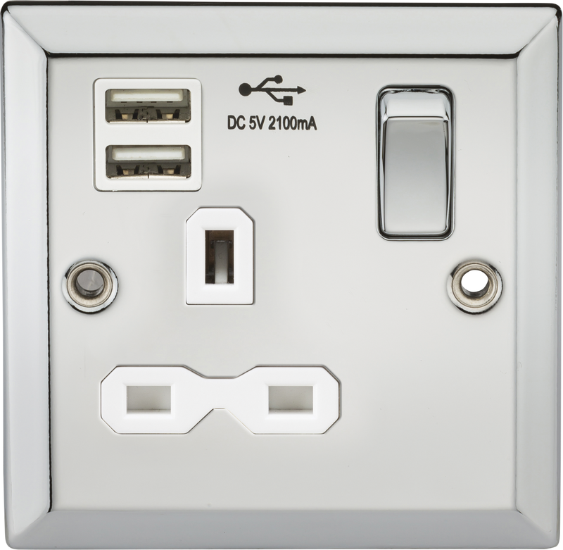 Knightsbridge MLA CV91PCW 13A 1G Switched Socket Dual USB Charger Slots with White Insert - Bevelled Edge Polished Chrome