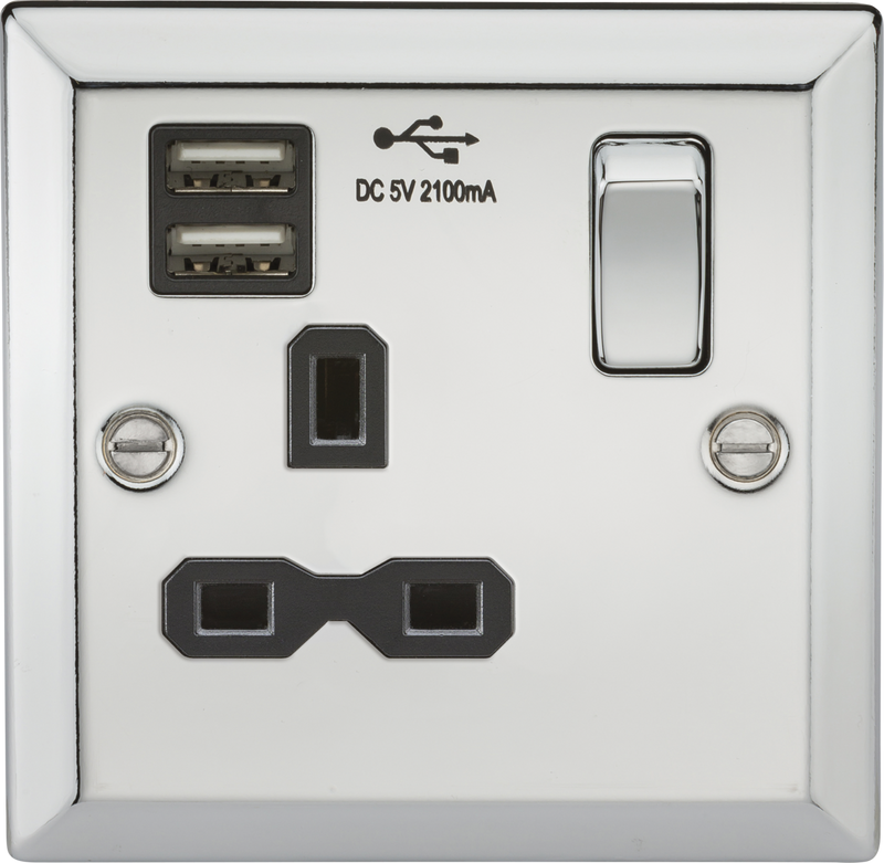 Knightsbridge MLA CV91PC 13A 1G Switched Socket Dual USB Charger Slots with Black Insert - Bevelled Edge Polished Chrome