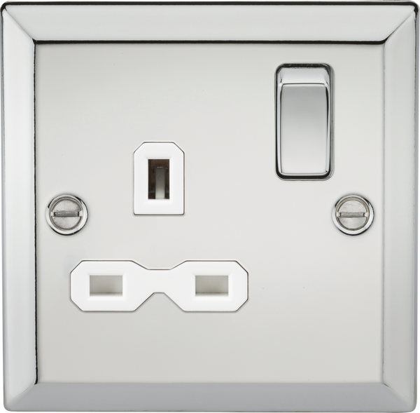 Knightsbridge MLA CV7PCW 13A 1G DP Switched Socket with White Insert - Bevelled Edge Polished Chrome