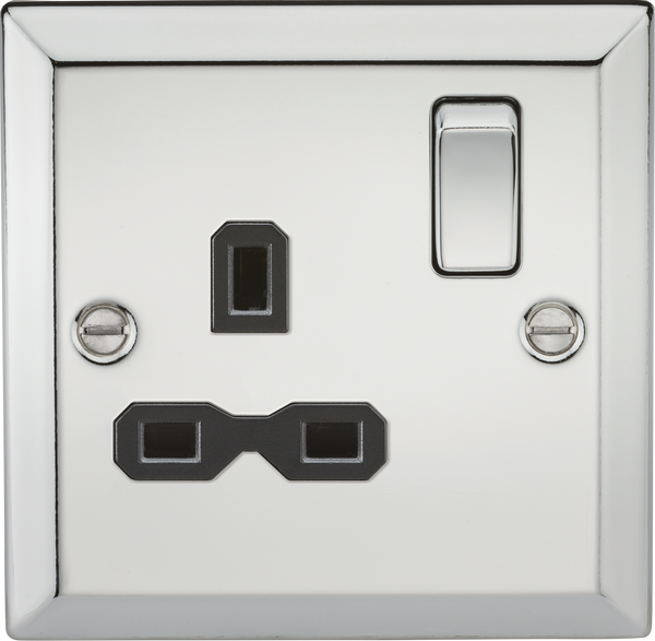 Knightsbridge MLA CV7PC 13A 1G DP Switched Socket with Black Insert - Bevelled Edge Polished Chrome