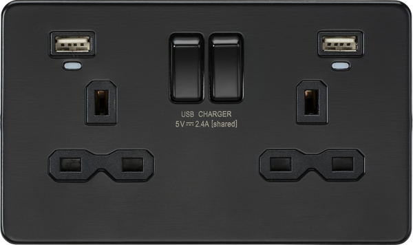 Knightsbridge MLA SFR9904NMBB 13A 2G Switched Socket, Dual USB (2.4A) with LED Charge Indicators - Matt Black