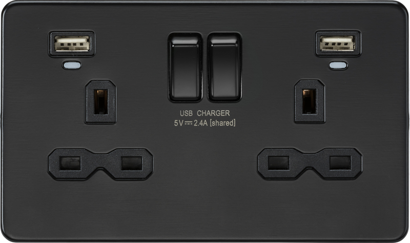 Knightsbridge MLA SFR9904NMBB 13A 2G Switched Socket, Dual USB (2.4A) with LED Charge Indicators - Matt Black