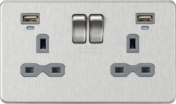 Knightsbridge MLA SFR9904NBCG 13A 2G Switched Socket, Dual USB (2.4A) with LED Charge Indicators - Brushed Chrome w/grey insert