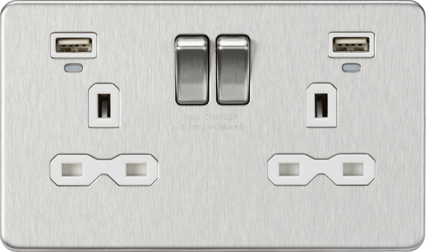 Knightsbridge MLA SFR9904NBCW 13A 2G Switched Socket, Dual USB (2.4A) with LED Charge Indicators - Brushed Chrome w/white insert