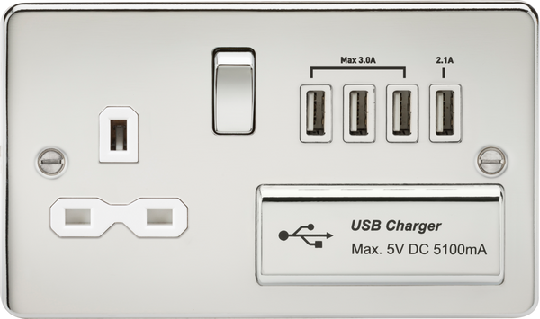 Knightsbridge MLA FPR7USB4PCW Flat plate 13A switched socket with quad USB charger - polished chrome with white insert