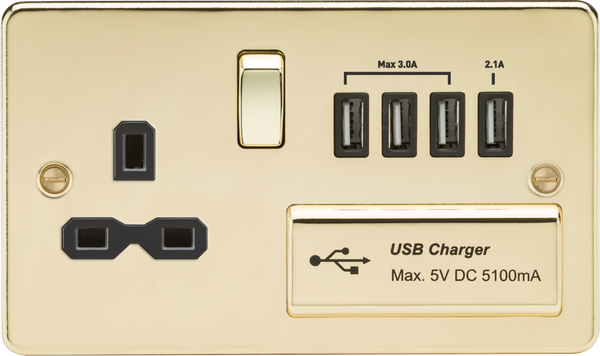 Knightsbridge MLA FPR7USB4PB Flat plate 13A switched socket with quad USB charger - polished brass with black insert