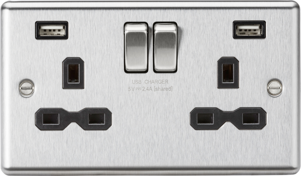 Knightsbridge MLA CL9224BC 13A 2G switched socket with dual USB charger A + A (2.4A) - Brushed chrome with black insert