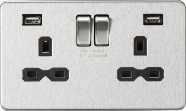 Knightsbridge MLA SFR9224BC 13A 2G switched socket with dual USB charger A + A (2.4A) - Brushed chrome with black insert