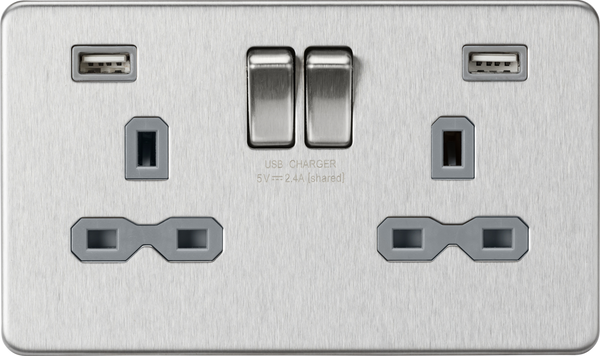 Knightsbridge MLA SFR9224BCG 13A 2G switched socket with dual USB charger A + A (2.4A) - Brushed chrome with grey insert