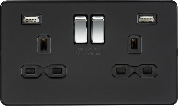 Knightsbridge MLA SFR9224MB 13A 2G switched socket with dual USB charger A + A (2.4A) - Matt black with chrome rockers Rockers