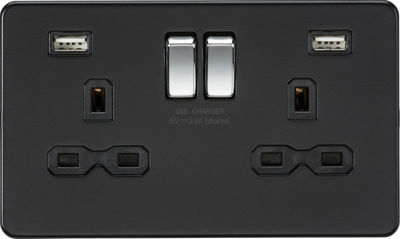 Knightsbridge MLA SFR9224MB 13A 2G switched socket with dual USB charger A + A (2.4A) - Matt black with chrome rockers Rockers