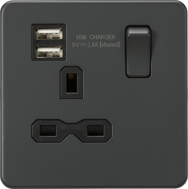 Knightsbridge MLA SFR9124AT Screwless 13A 1G switched socket with dual USB charger (2.4A) - Anthracite