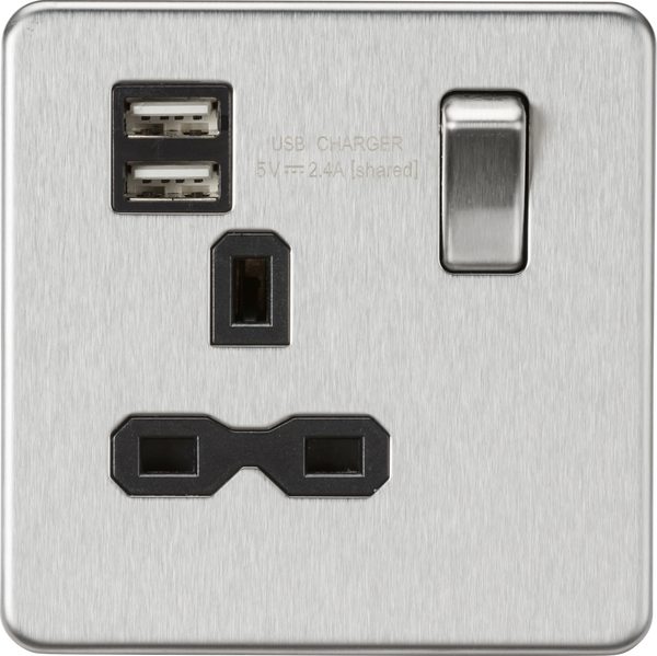 Knightsbridge MLA SFR9124BC Screwless 13A 1G switched socket with dual USB charger (2.4A) - brushed chrome with black insert