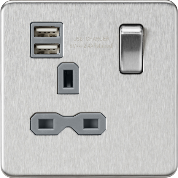Knightsbridge MLA SFR9124BCG Screwless 13A 1G switched socket with dual USB charger (2.4A) - brushed chrome with grey insert