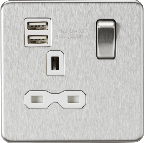 Knightsbridge MLA SFR9124BCW Screwless 13A 1G switched socket with dual USB charger (2.4A) - brushed chrome with white insert