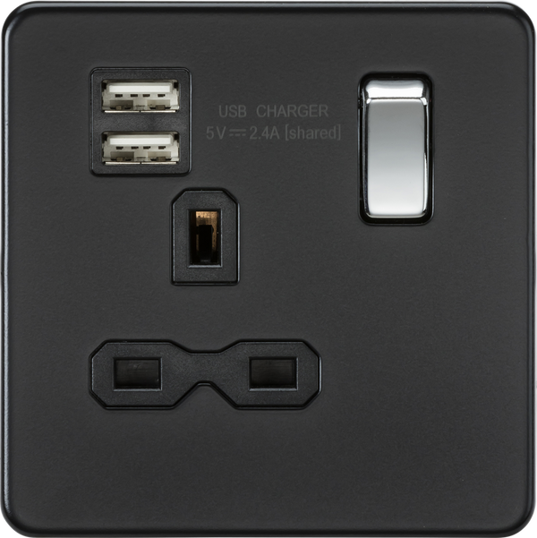 Knightsbridge MLA SFR9124MB Screwless 13A 1G switched socket with dual USB charger (2.4A) - matt black with chrome rocker
