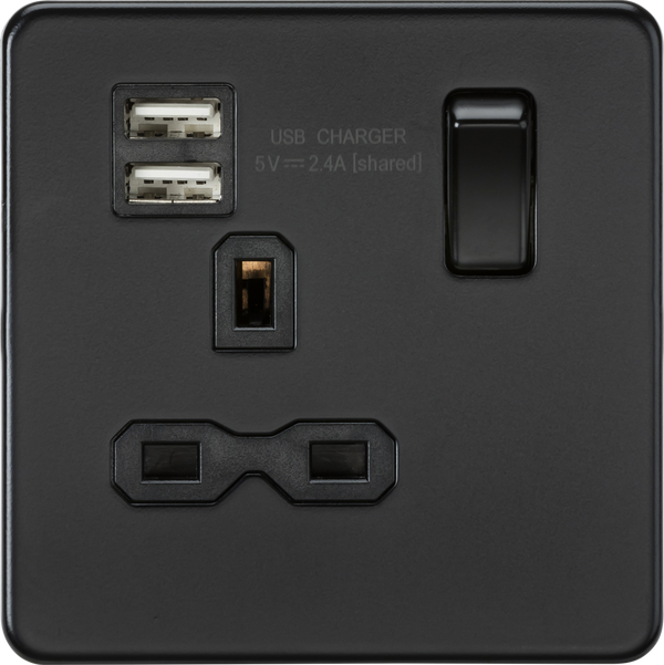Knightsbridge MLA SFR9124MBB Screwless 13A 1G switched socket with dual USB charger (2.4A) - matt black