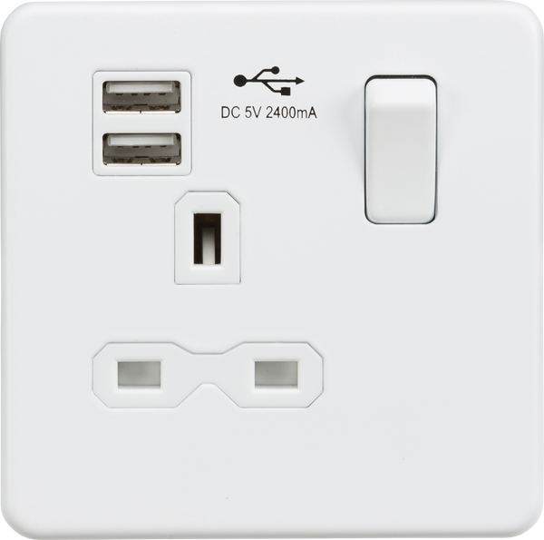 Knightsbridge MLA SFR9124MW Screwless 13A 1G switched socket with dual USB charger (2.4A) - matt white