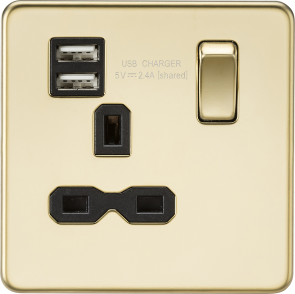 Knightsbridge MLA SFR9124PB Screwless 13A 1G switched socket with dual USB charger (2.4A) - polished brass with black insert
