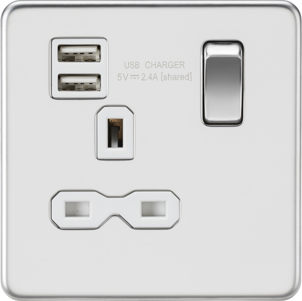 Knightsbridge MLA SFR9124PCW Screwless 13A 1G switched socket with dual USB charger (2.4A) - polished chrome with white insert
